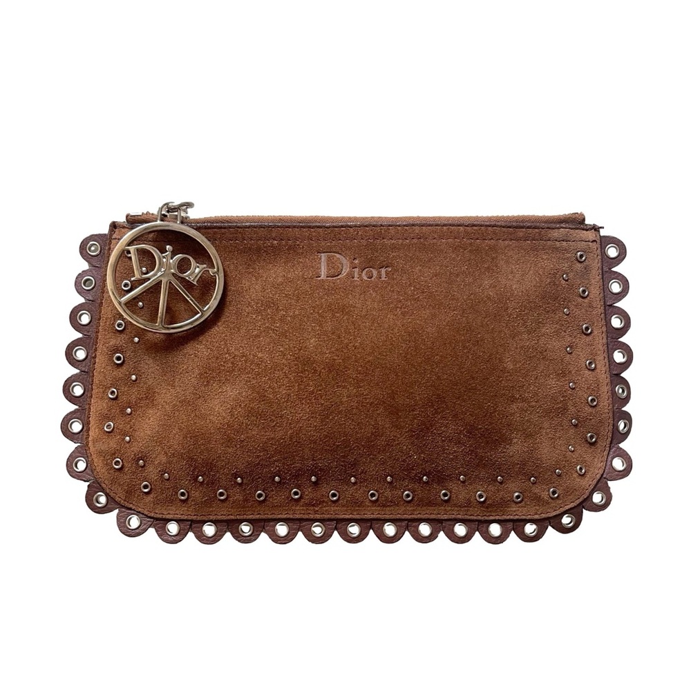 Dior Brown Suede Clutch with Gold Accents